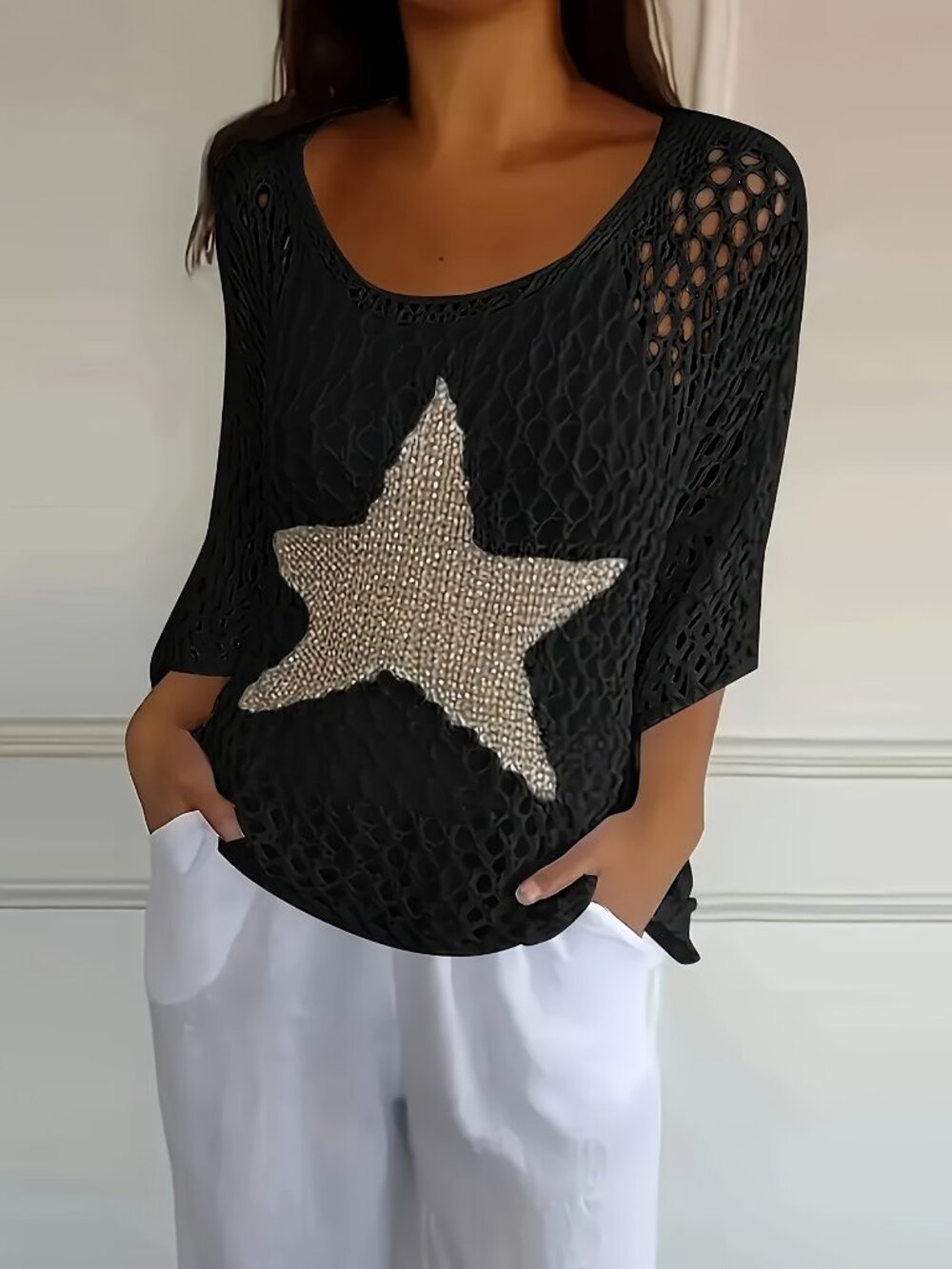 Unbranded Boho Star Open Knit Crochet Sweater Black Metallic Oversized NEW XL